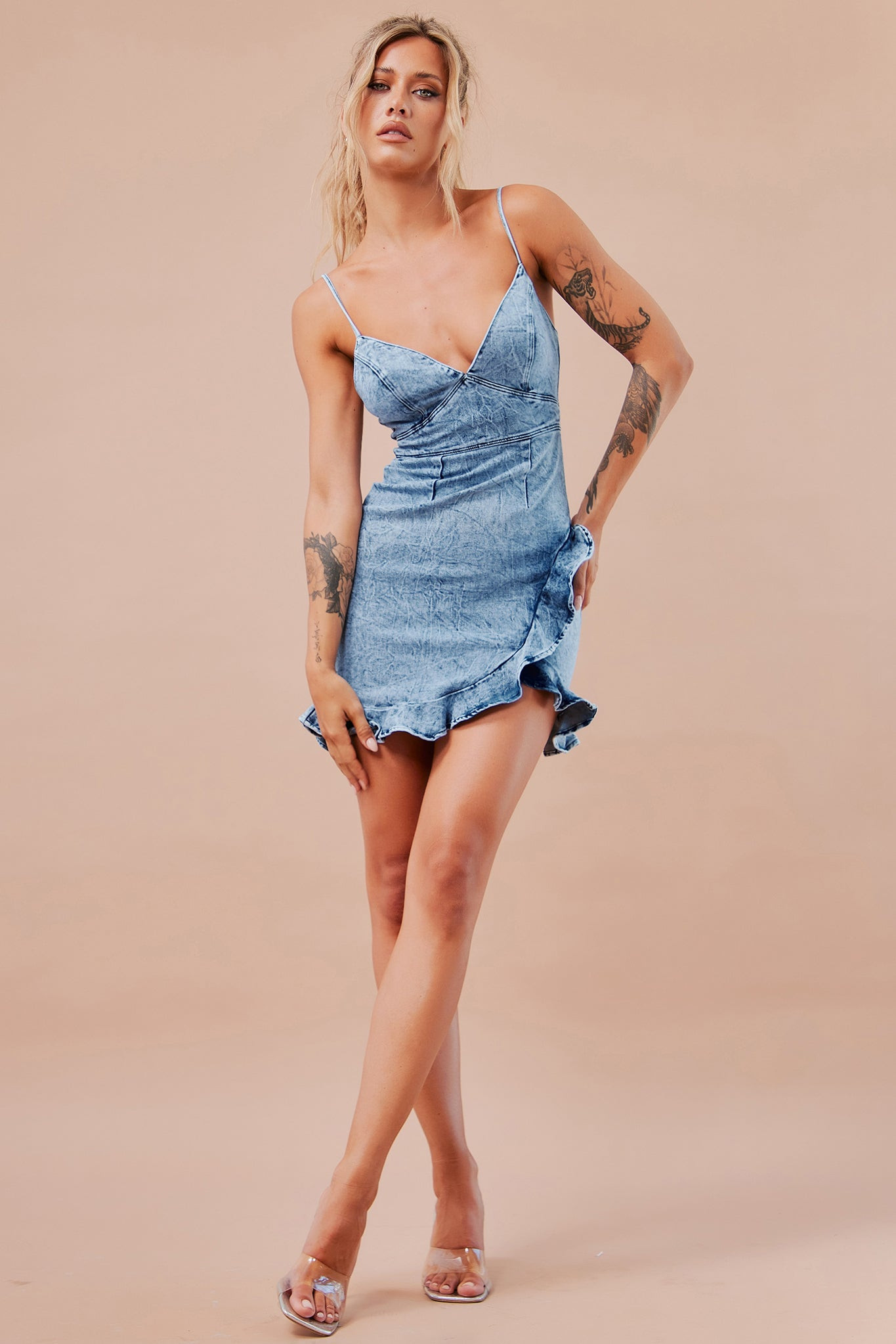Cross Of Sunlight Mini Dress - Washed Blue | Sage and Paige AUS.