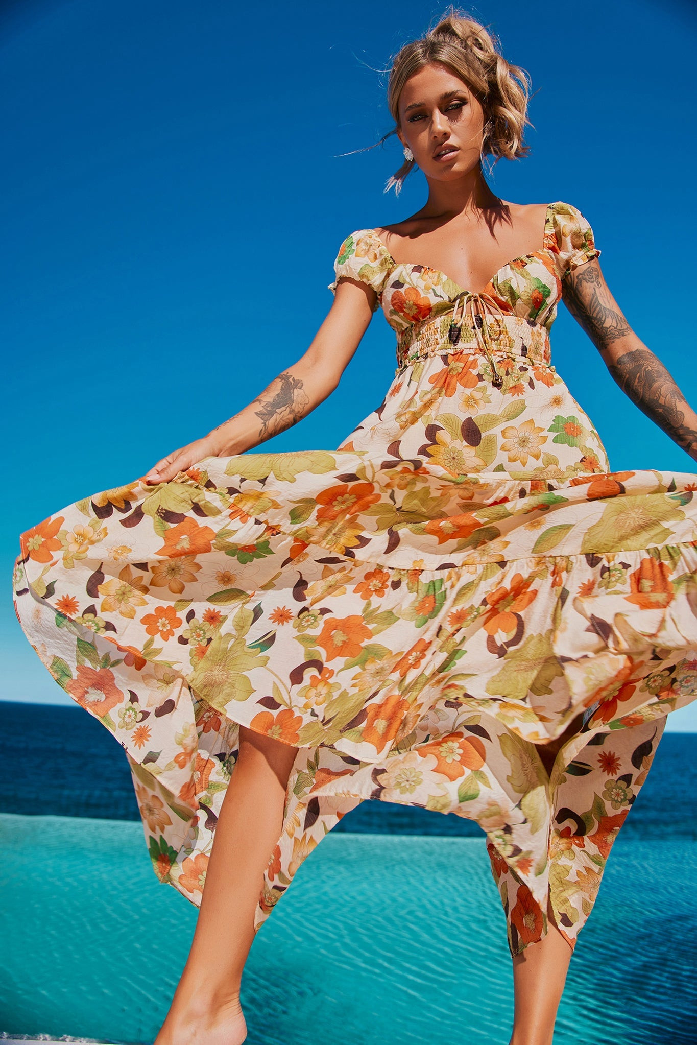 Suddenly Midi Dress - Orange Multi | Sage and Paige AUS.