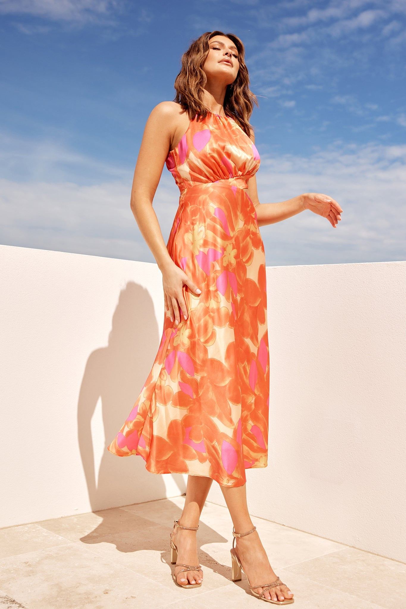 Happy Feelings Satin Midi Dress - Tangerine Multi | Sage and Paige AUS.