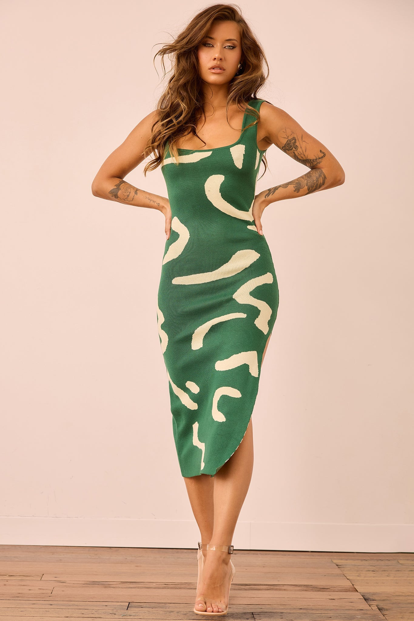 Attached Knit Midi Dress - Forest Green