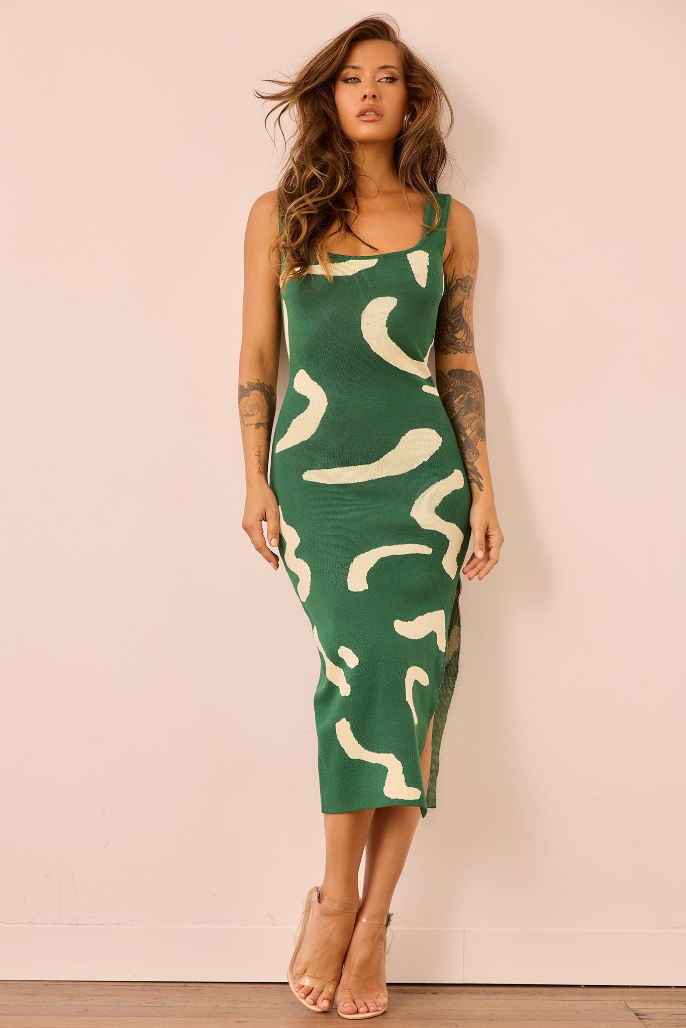 Attached Knit Midi Dress - Forest Green