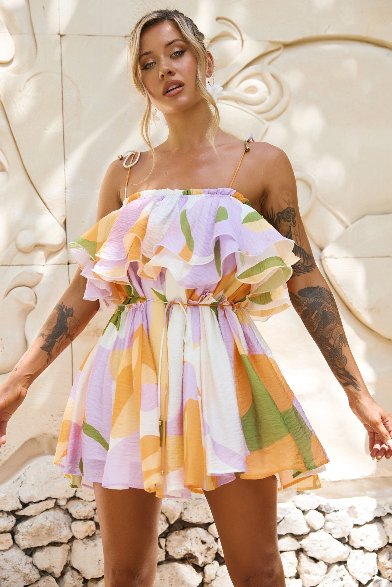 Falling Petals Mini Dress - Yellow Multi | Sage and Paige AUS.