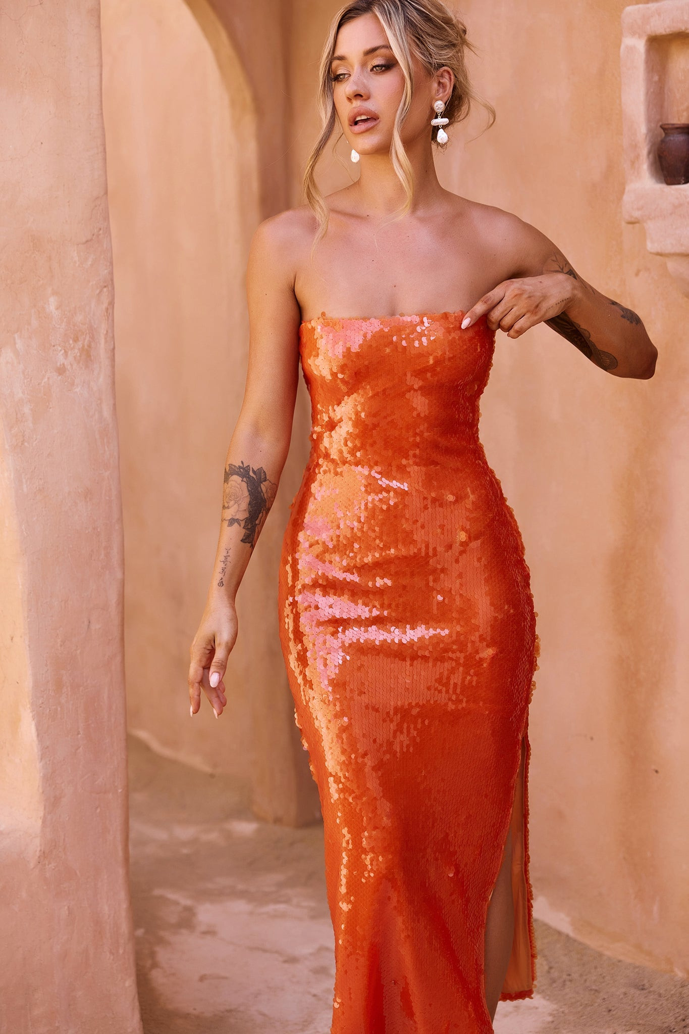 Bright Breezy Sequin Midi Dress - Orange | Sage and Paige AUS.