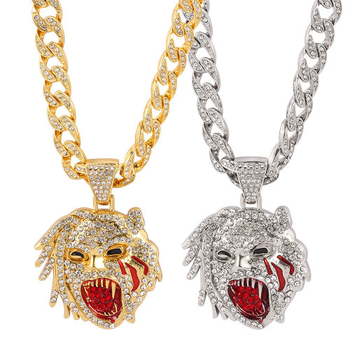 Personality Roaring Big Mouth Dog Head Cuban Solid Full Zircon Hip Hop Necklace