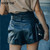 Women's Lace-up Pu Leather Shorts High Waist Wide Leg Short Pockets Elegant Lady Bottoms 2021 Autumn Casual New Fashion Short