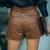 Women's Lace-up Pu Leather Shorts High Waist Wide Leg Short Pockets Elegant Lady Bottoms 2021 Autumn Casual New Fashion Short