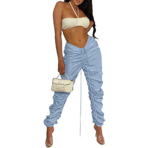Shirring Long Women's Pants Solid Fashion Streetwear Slacks Pleated Trousers For Girls Drawstring Casual Autumn 2021 Bottom Chic