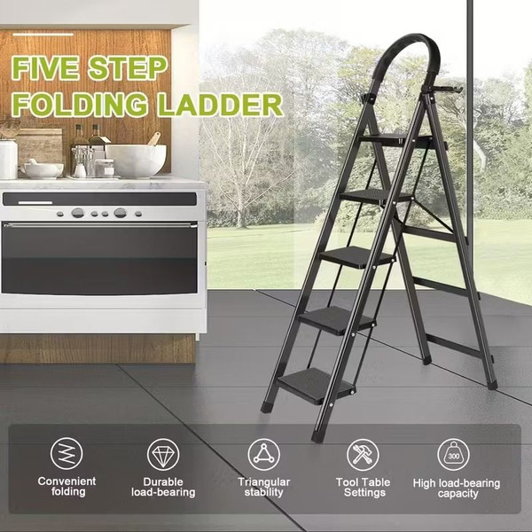 5 Step Ladder with Anti-Slip Pedals, Foldable Steel Step Stool with Tool Tray, 300LBS Capacity Portable Ladder for Home, Kitchen, Library, Office