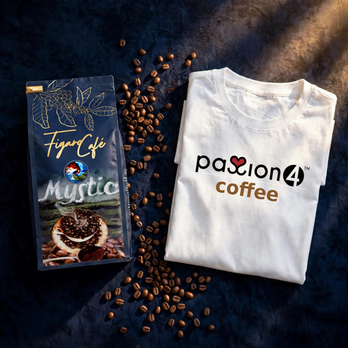 The Gift Set - Coffee & Tee Edition: coffee bag and passion4 coffee tee flat lay
