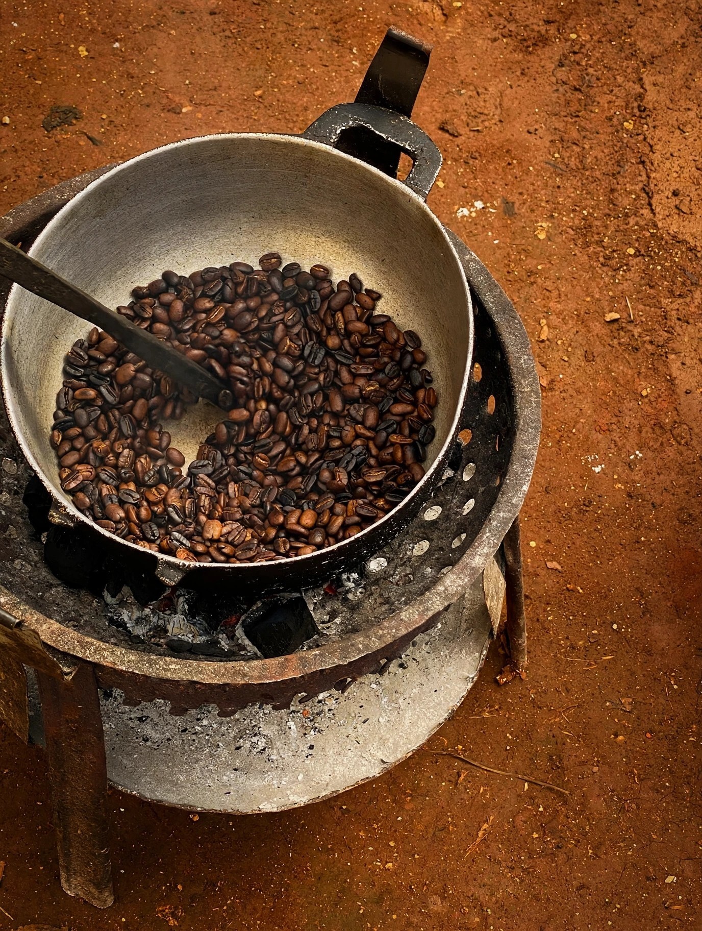Coffee beans roasting over charcoal