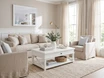 Hampstead Coffee Table with Drawer in white styled in a bright Hamptons living room with neutral linen sofas, armchairs, decorative accessories and open shelf storage.