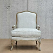 Frontal perspective of Cannes Louis Upholstered Armchair in classic blue and white ticking stripe