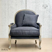 Front view of Montpellier Armchair in charcoal black linen with weathered oak with backrest throw cushion