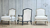 Composite image displaying the Cannes Louis Armchair in various finishes from multiple angles.