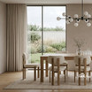 A close view detailed image of the styled Hartford Dining Table, and Stuttgart upholstered dining chairs.