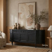 Angled view of the Louis Curved Buffet in black in 200cm in a contemporary dining room