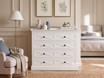 Front view of the Fremont Chest of Drawers White with dark contrast hardware.