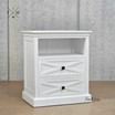 Angled view of the Fremont Bedside Table displaying the unique geometric drawer fronts.