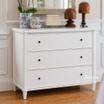 A white three drawer bedroom chest showcasing ample storage, perfect for Hamptons inspired bedroom and living spaces.