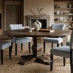 The Darcy Round Oak parquetry dining table in a warm styled living room showcasing its pedestal base and intricate oak parquetry detailing