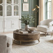 Solid oak round coffee table with parquetry top and deep storage compartment