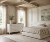 Piastri 6 Drawer Chest in White styled in an elegant Hamptons-inspired bedroom, showcasing six spacious drawers, hand-finished white patina and timeless bedroom storage design.