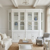 Stonefield Double Display Cabinet Wall Unit in a refined Hamptons living room glass door display cabinetry.