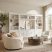 Luxury white Hamptons bookcase entertainment unit combining open display shelving, media storage and timeless architectural cabinetry by Thomas & Hurley