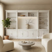 Warm minimalist display bookcase and TV media wall unit with classic Hamptons detailing, handcrafted by Thomas & Hurley for luxury interiors.