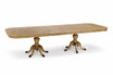 Luxury Berkshire Double Extension Dining Table by Thomas & Hurley in oak, fully extended with twin pedestal base and brass feet.