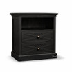 Front angled view of the Fremont Bedside Table in Black displaying the unique geometric drawer fronts and timeless design