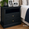 An elegant black bedside cabinet with two drawers and shelf, designer bedroom furniture perfect for modern or Hamptons inspired interiors