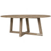The Ovalis Dining Table by Thomas & Hurley, a contemporary oval timber dining table with sculptural angled trestle base, photographed from the front angle highlighting the modern luxury design and natural wood grain.