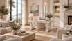 White timber desk with decorative curved pedestal legs styled in a contemporary luxury living room