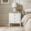 Detailed view of the Lando 3 Drawer bedside side table in white featuring three spacious drawers, clean lines, bronze knobs and a durable painted finish.