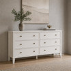The Lando 6 Drawer Chest front angled view showcasing its generous storage for either bedroom or living room settings.
