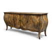 The Featherington Commode by Thomas and Hurley from a front angled view showcasing its rich patina finish, curved profile and elegant proportions.
