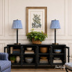 Contemporary black media console with glass cabinetry and shelving