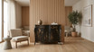 Luxury black commode with drawers styled in an elegant neutral living room