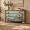 Close up details of the Haslemere 3 Drawer Chest's weathered paint and antiqued hardware.