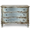 Three drawer distressed blue bombe storage chest of drawers by Thomas and Hurley