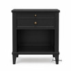 Elegant black bedside table with raised base and tapered legs