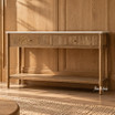 Marble top console table with two framed reeded drawers and lower timber shelf