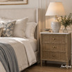 Brookstone 3 Drawer Bedside Table with white marble and subtle grey veining in a styled luxury coastal bedroom