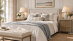 Marble top bedside cabinet with framed fluted drawers and round metal handles in a Hamptons-style bedroom