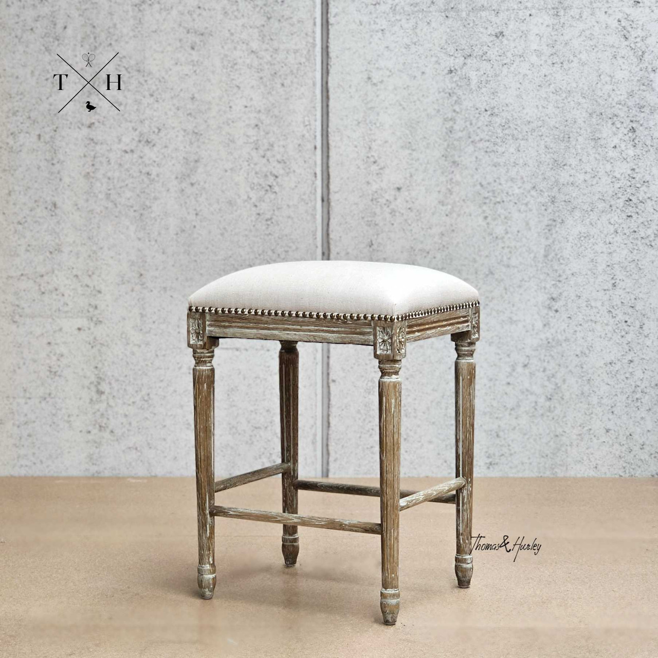 Chamonix Kitchen Stool: Elegant Cream Linen Bar Stool with Oak Frame