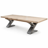The Quinn Extendable Dining Table, elegantly crafted with a contemporary metal base, extending from 250cm to 350cm