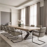 Quinn double extendable boardroom table with timber top and architectural metal base, seating ten in a modern conference room.