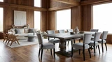 Darcy Parquetry Oak Table by Thomas and Hurley styled in a living room interior with wood panelling and natural light.