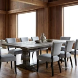 Thomas and Hurley Darcy Oak Parquetry Double Extension Dining Table in compact closed position.